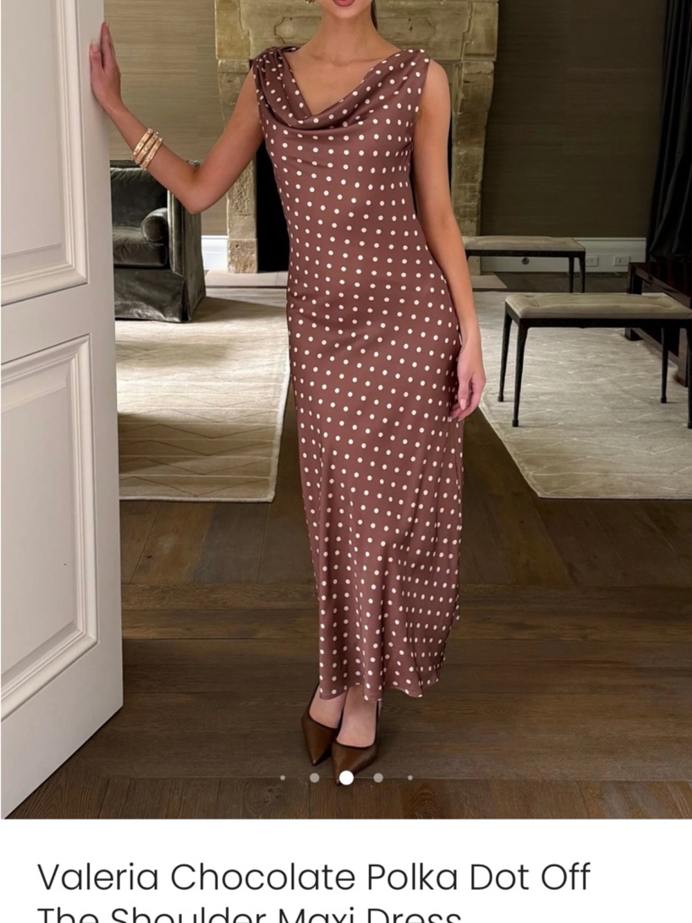 Benaar la Valeria Chocolate Polka Dot Off-The-Shoulder Maxi Dress
